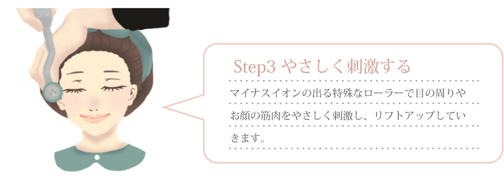 Step3リンパを流す　目の周り、顔のリンパ・血流を促し、くすみやたるみを改善します。